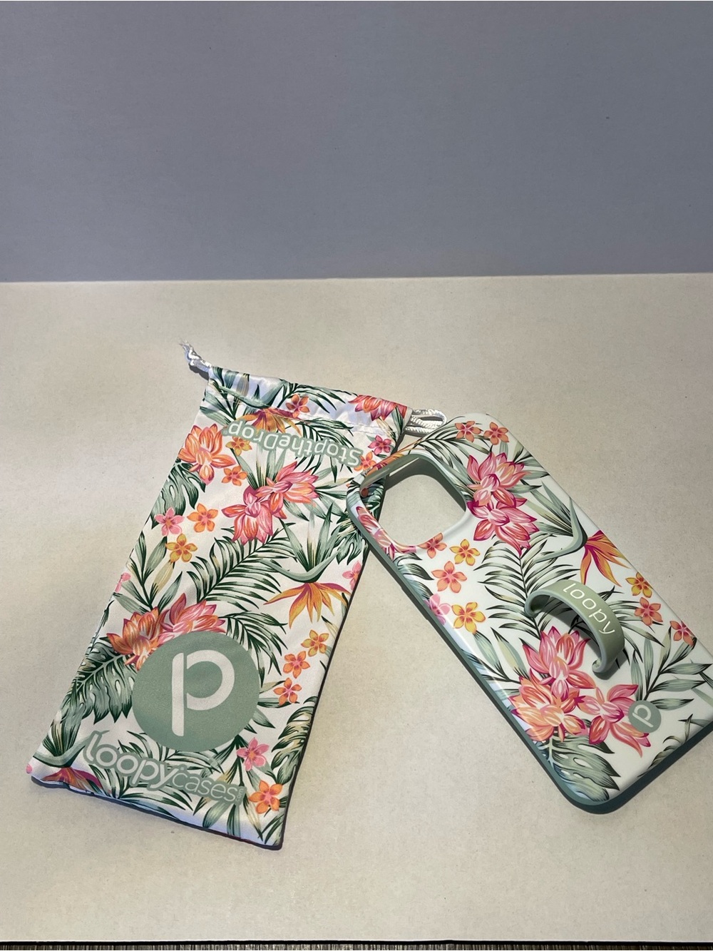 Loopy Case Mint Green Silicone Phone Grip Case with Floral Pouch